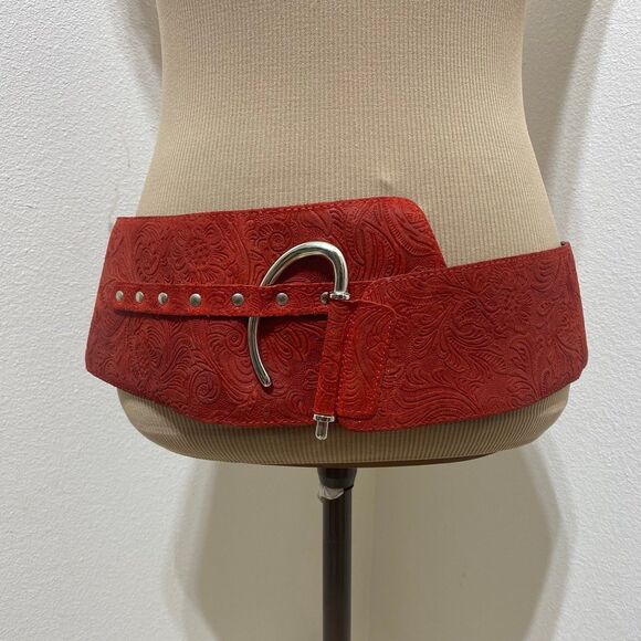 Made In Italy Red Embossed Leather Belt Wide Waist Cinching Corset Belt Sz M/L main image 11